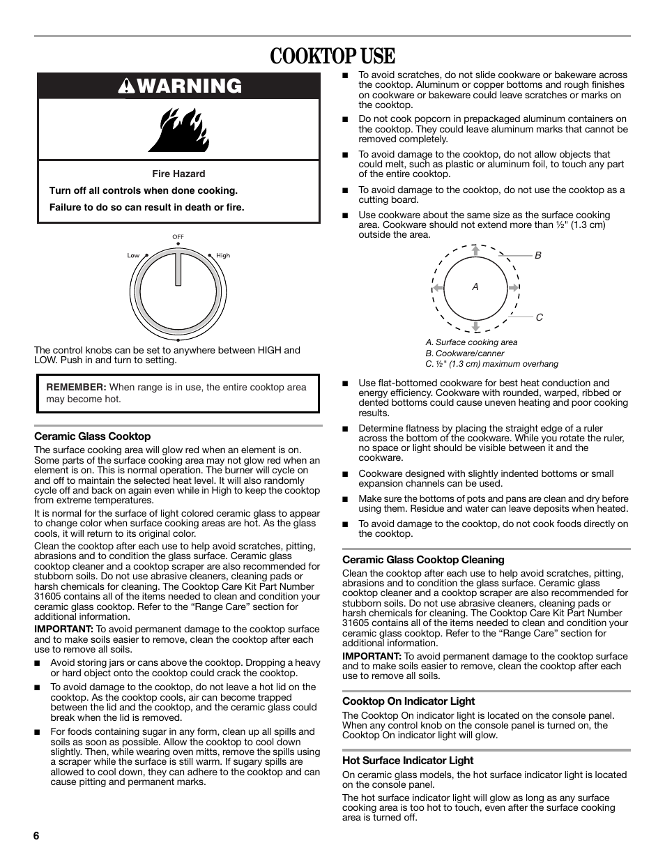 Cooktop use, Warning | Whirlpool WFE524CLBS User Manual | Page 6 / 16