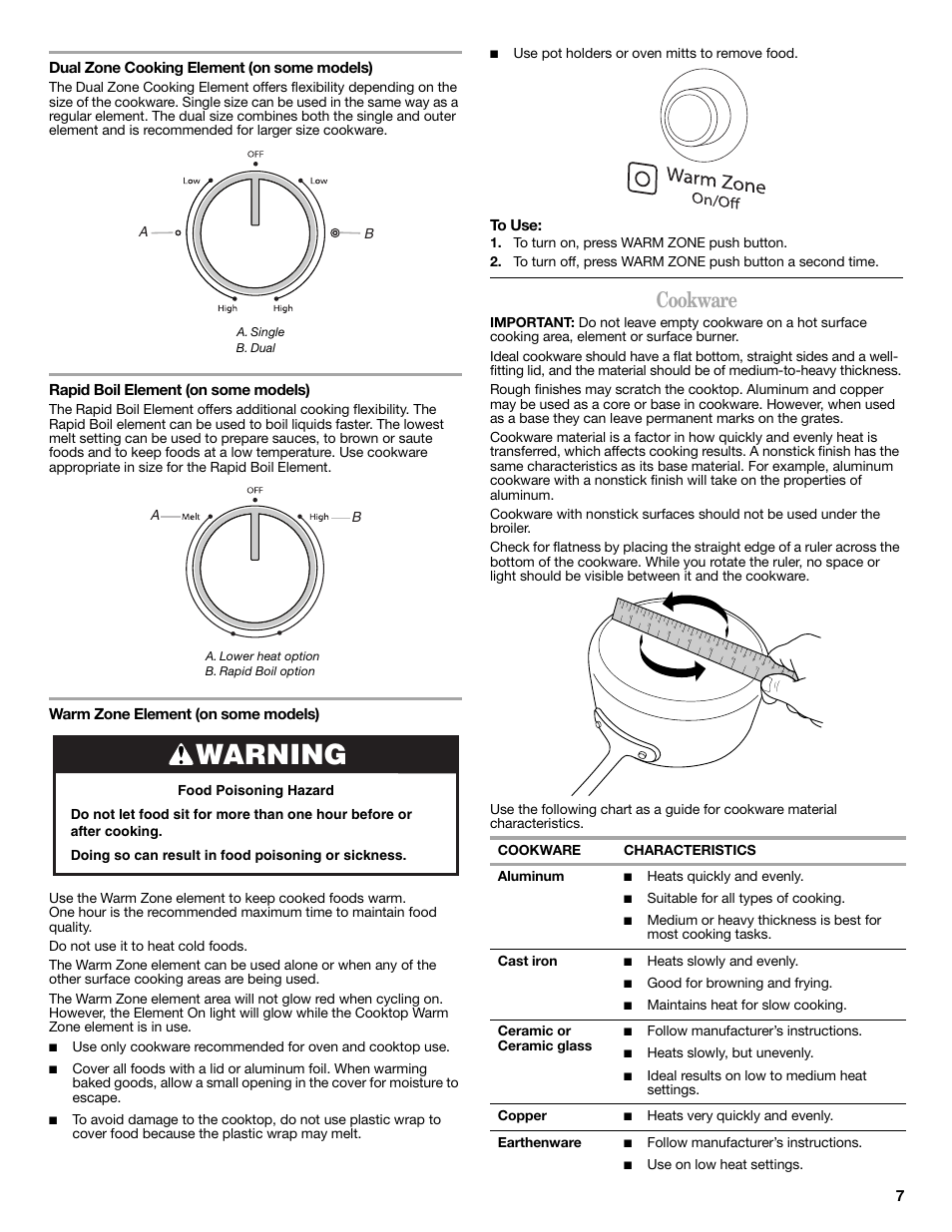 Warning, Cookware, 7dual zone cooking element (on some models) | Rapid boil element (on some models), Warm zone element (on some models), Use pot holders or oven mitts to remove food, Ab a b, Heats quickly and evenly, Suitable for all types of cooking, Heats slowly and evenly | Whirlpool WFE524CLBS User Manual | Page 7 / 16