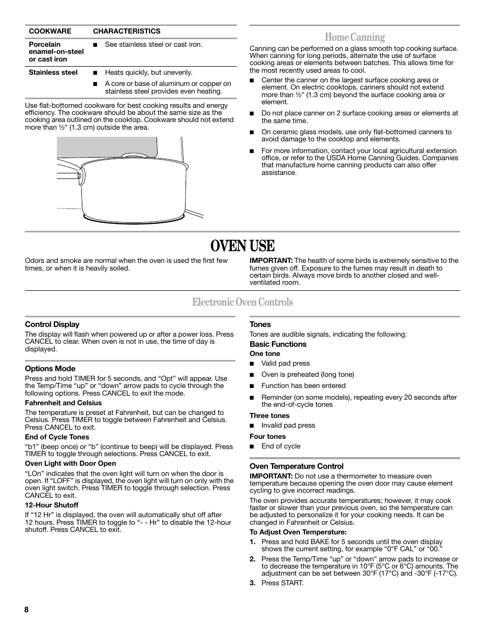 Oven use, Home canning, Electronic oven controls | Whirlpool WFE524CLBS User Manual | Page 8 / 16