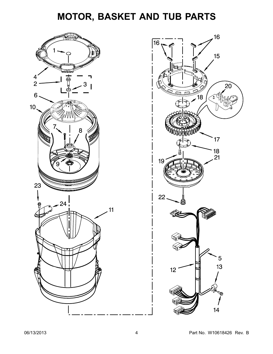 Motor, basket and tub, Motor, basket and tub parts | Whirlpool WTW8100BW User Manual | Page 4 / 10