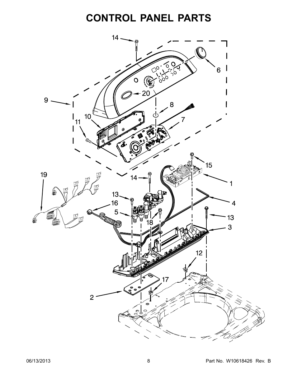 Control panel, Control panel parts | Whirlpool WTW8100BW User Manual | Page 8 / 10