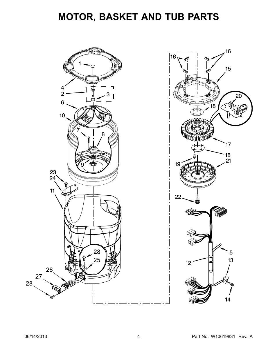 Motor, basket and tub, Motor, basket and tub parts | Whirlpool WTW8900BC User Manual | Page 4 / 10