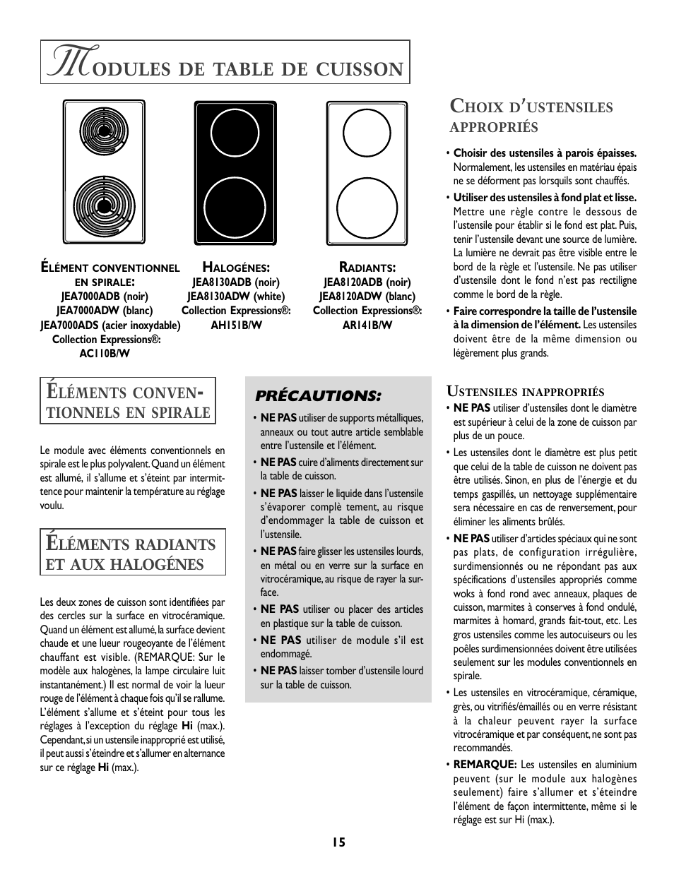 Odules, Table, Cuisson | Whirlpool A341W User Manual | Page 16 / 36