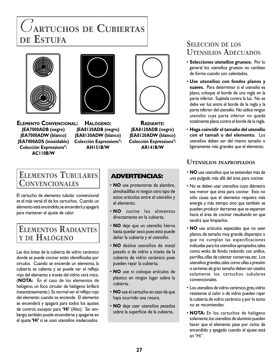 Artuchos, Ubiertas de, Stufa | Whirlpool A341W User Manual | Page 28 / 36