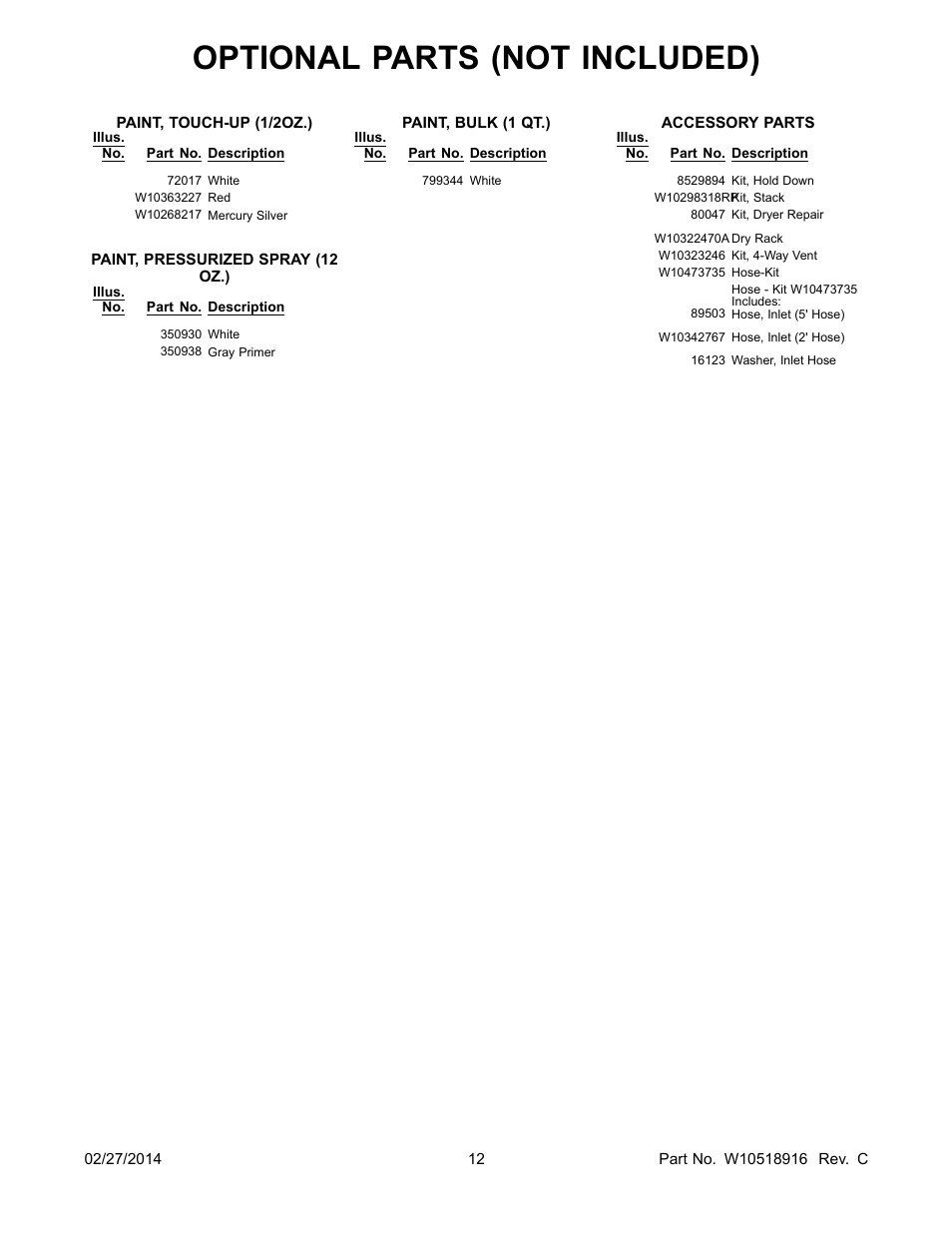 Optional parts (not included) | Whirlpool WGD88HEAW User Manual | Page 12 / 12