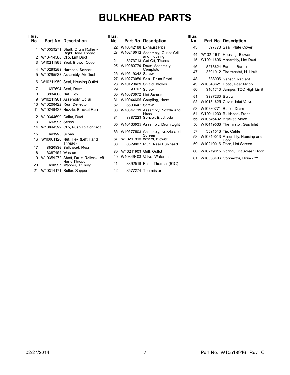 Bulkhead parts | Whirlpool WGD88HEAW User Manual | Page 7 / 12