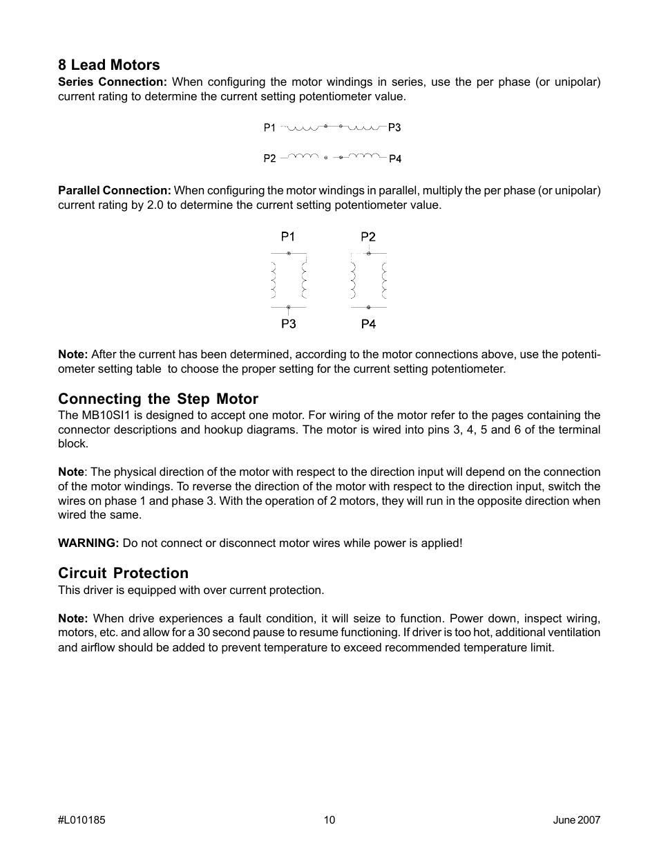 8 lead motors, Connecting the step motor, Circuit protection | Anaheim PROGRAMMABLE SIMPLE INDEXER/DRIVER MBC10SI1 User Manual | Page 10 / 22