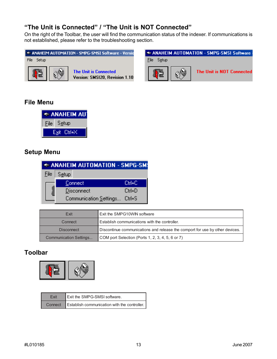 File menu setup menu, Toolbar | Anaheim PROGRAMMABLE SIMPLE INDEXER/DRIVER MBC10SI1 User Manual | Page 13 / 22