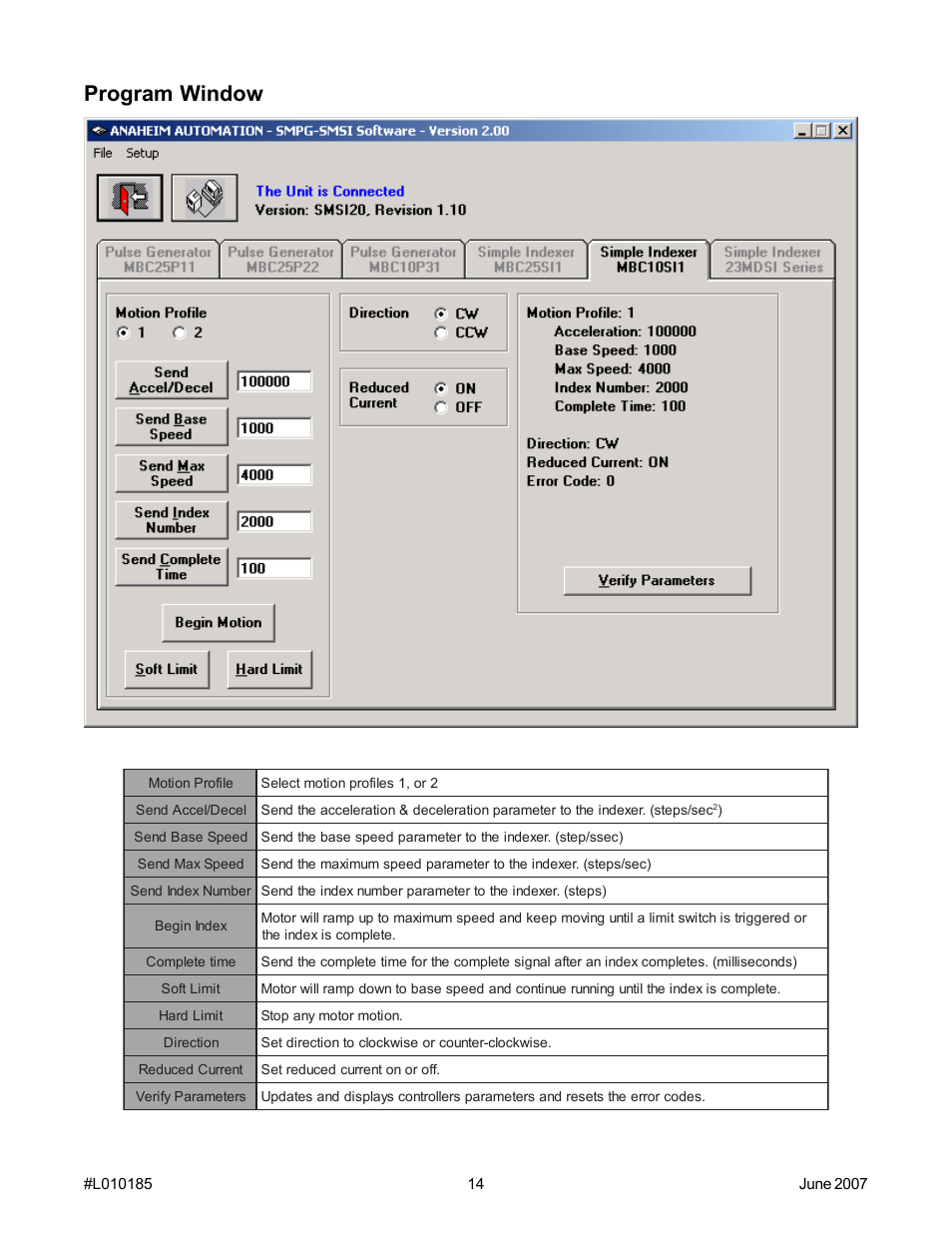 Program window | Anaheim PROGRAMMABLE SIMPLE INDEXER/DRIVER MBC10SI1 User Manual | Page 14 / 22
