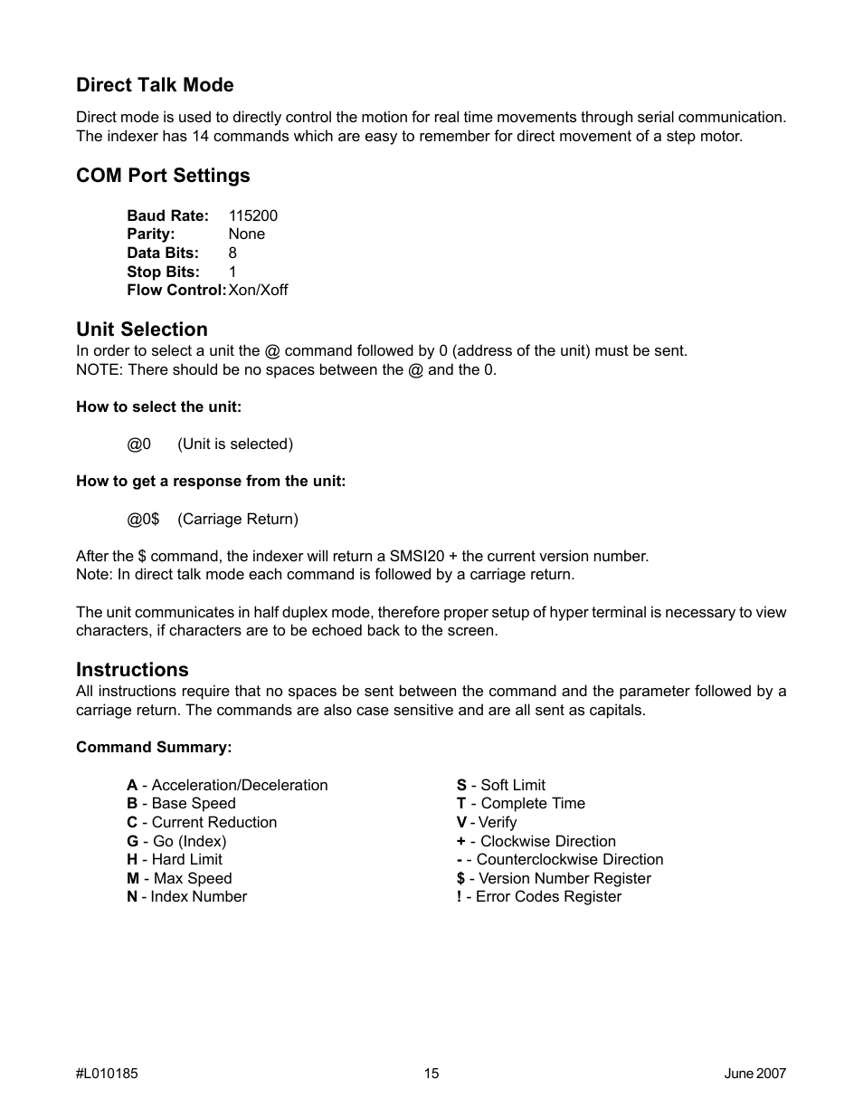 Com port settings, Unit selection, Instructions | Direct talk mode | Anaheim PROGRAMMABLE SIMPLE INDEXER/DRIVER MBC10SI1 User Manual | Page 15 / 22