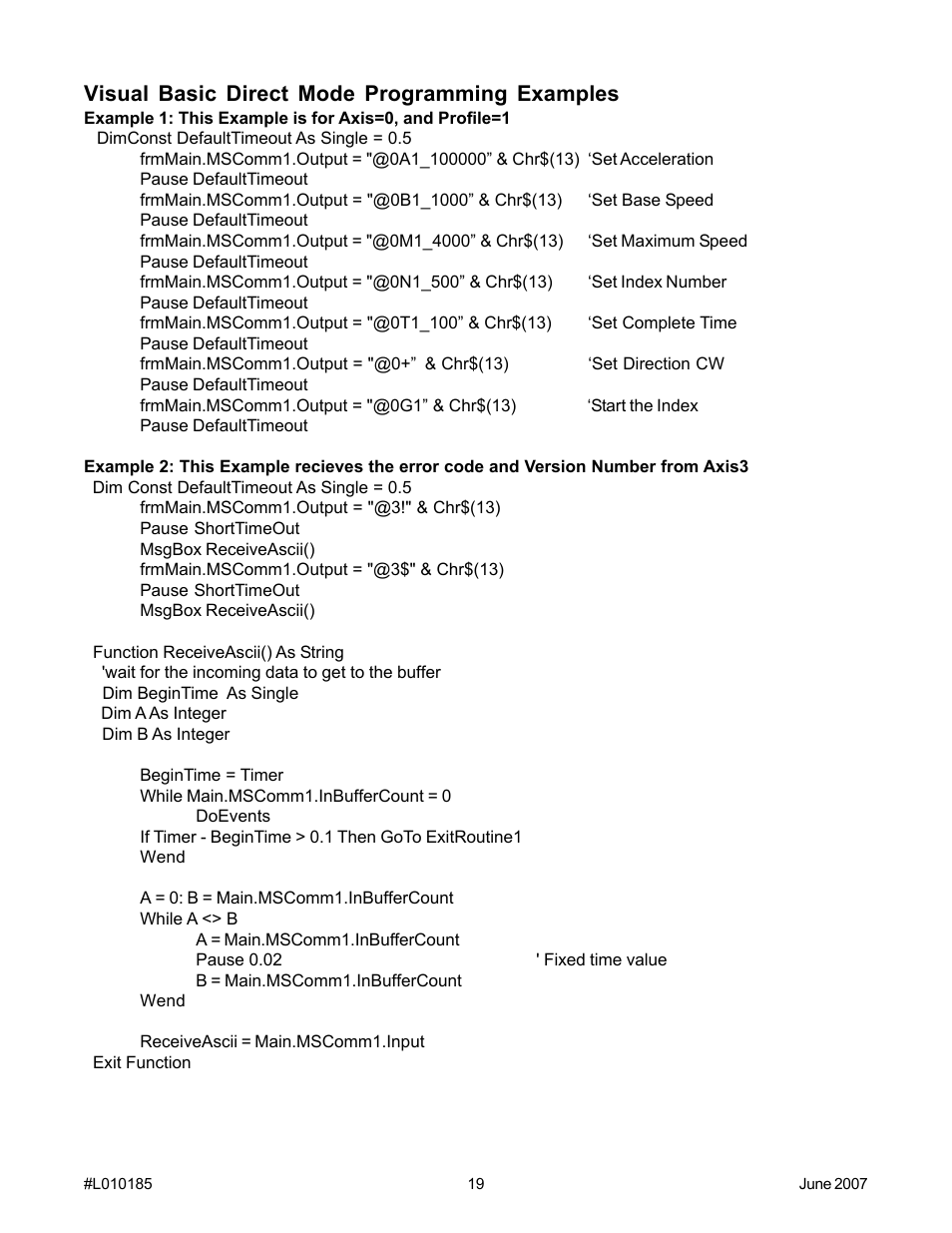 Visual basic direct mode programming examples | Anaheim PROGRAMMABLE SIMPLE INDEXER/DRIVER MBC10SI1 User Manual | Page 19 / 22