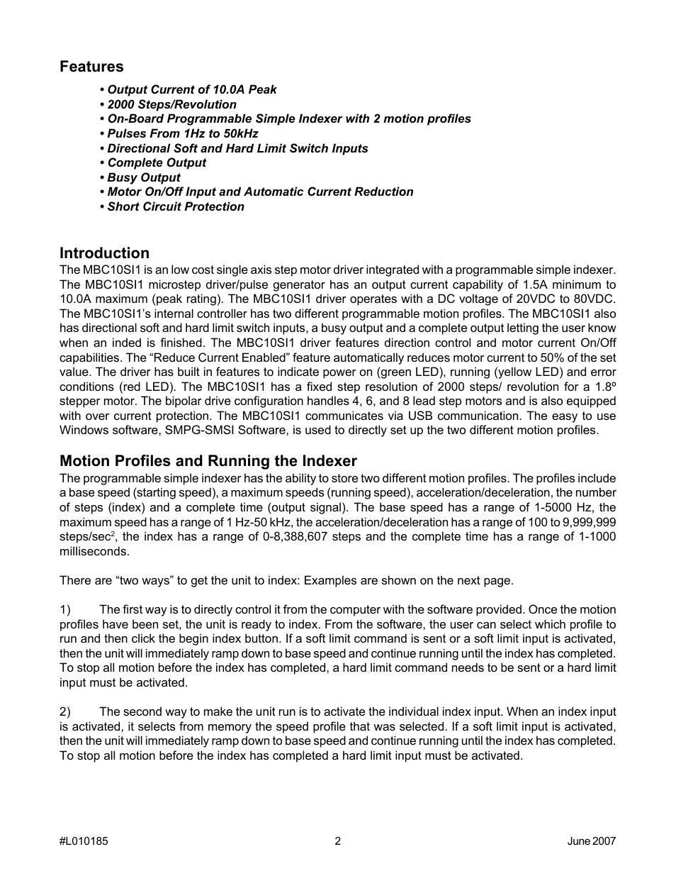 Introduction, Motion profiles and running the indexer, Features | Anaheim PROGRAMMABLE SIMPLE INDEXER/DRIVER MBC10SI1 User Manual | Page 2 / 22