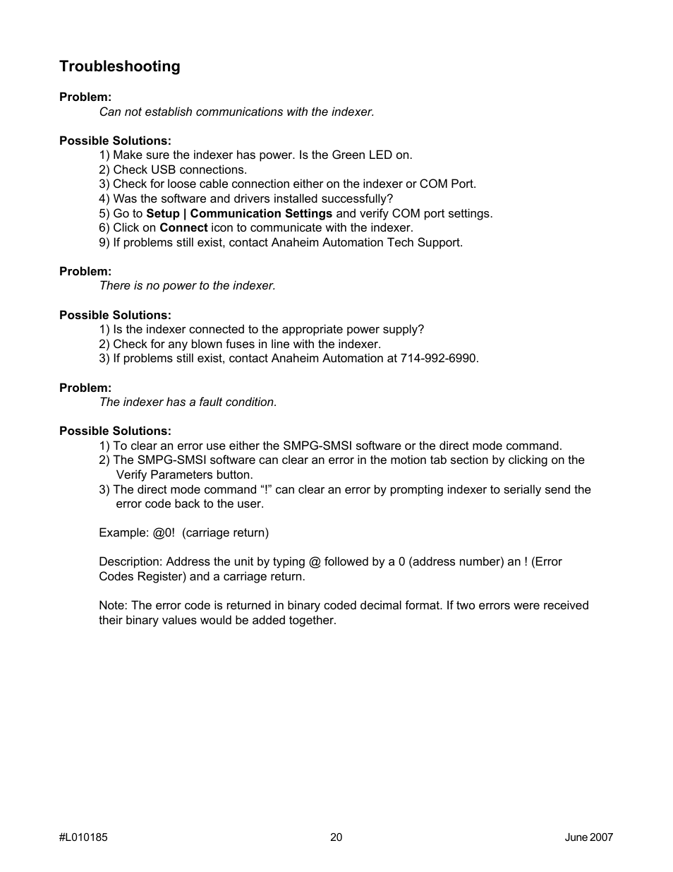 Troubleshooting | Anaheim PROGRAMMABLE SIMPLE INDEXER/DRIVER MBC10SI1 User Manual | Page 20 / 22