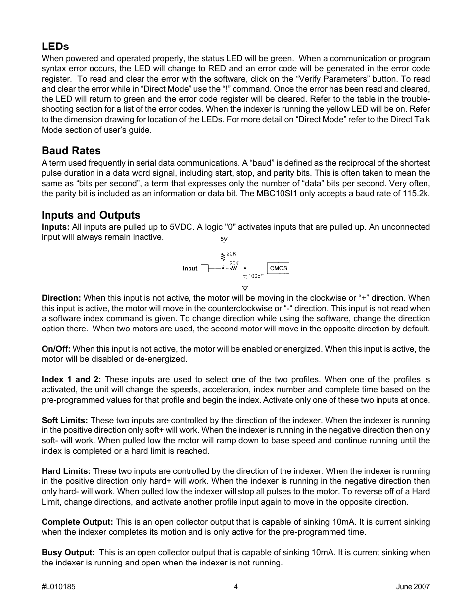 Leds, Baud rates, Inputs and outputs | Anaheim PROGRAMMABLE SIMPLE INDEXER/DRIVER MBC10SI1 User Manual | Page 4 / 22