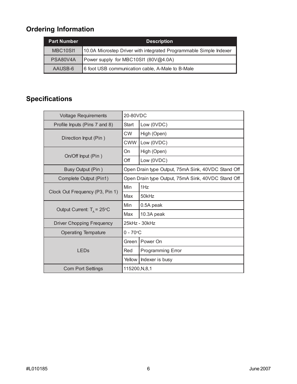 Specifications ordering information | Anaheim PROGRAMMABLE SIMPLE INDEXER/DRIVER MBC10SI1 User Manual | Page 6 / 22