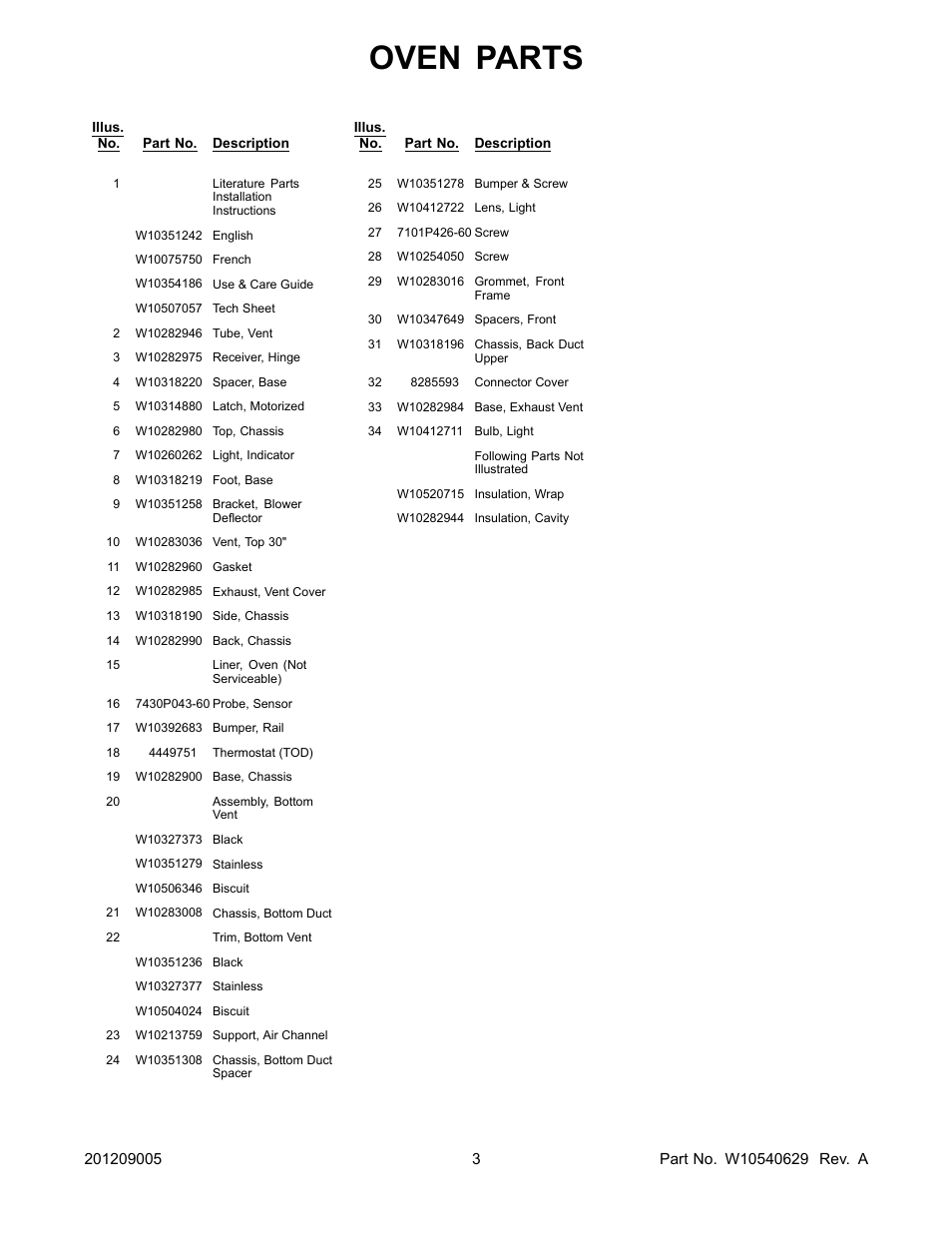 Literature, Oven parts | Whirlpool WOS51EC0AS User Manual | Page 3 / 10