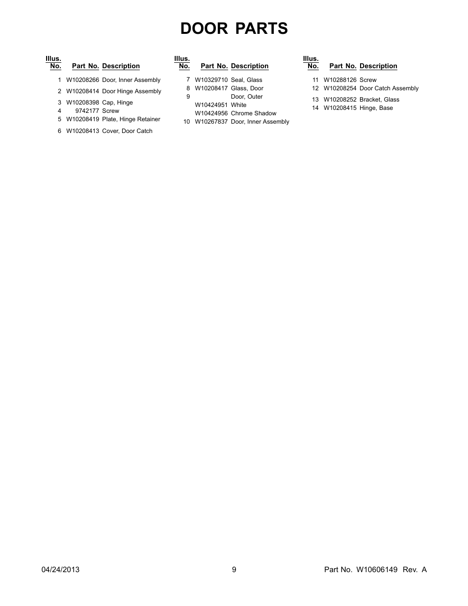 Door parts | Whirlpool WGD80HEBW User Manual | Page 9 / 12