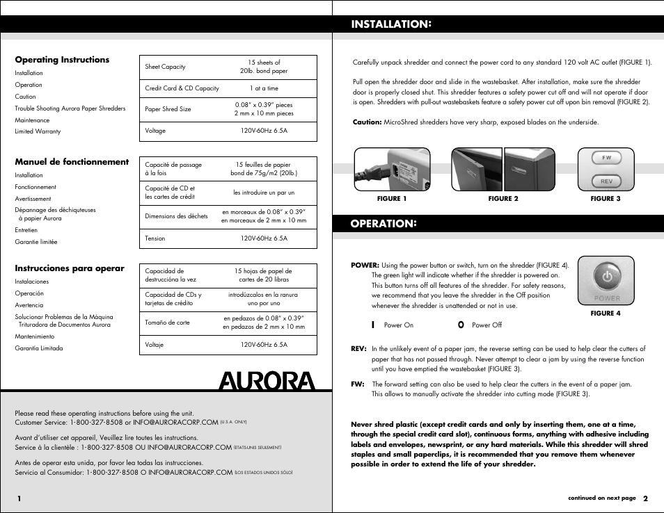 Installation: operation | Aurora AS1540CD User Manual | Page 2 / 8