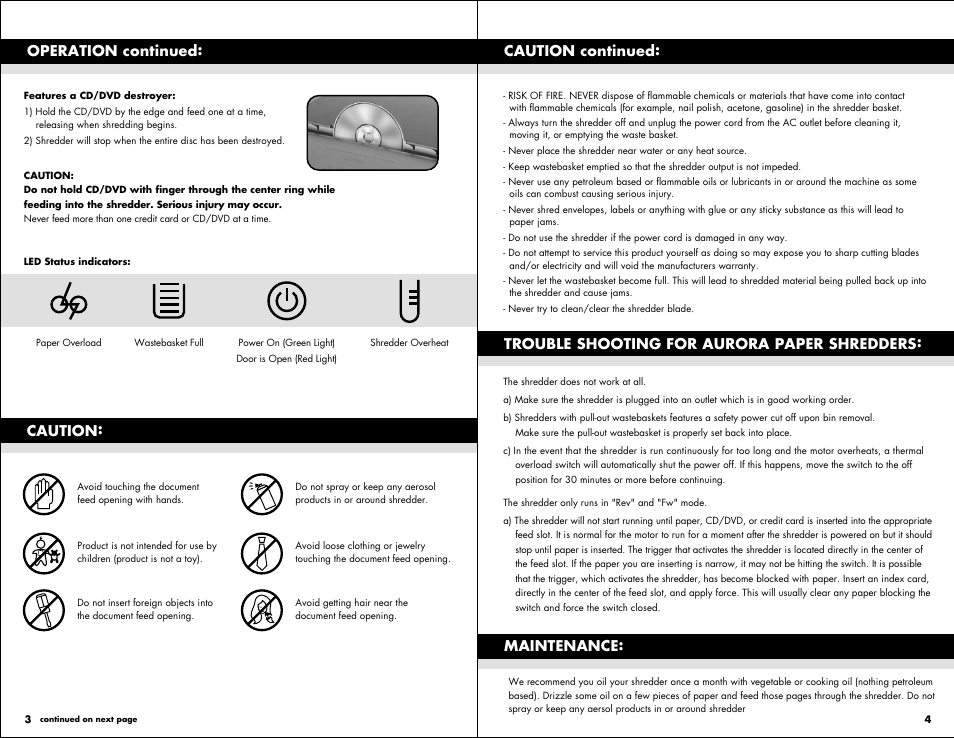 Operation continued: caution continued | Aurora AS1540CD User Manual | Page 3 / 8