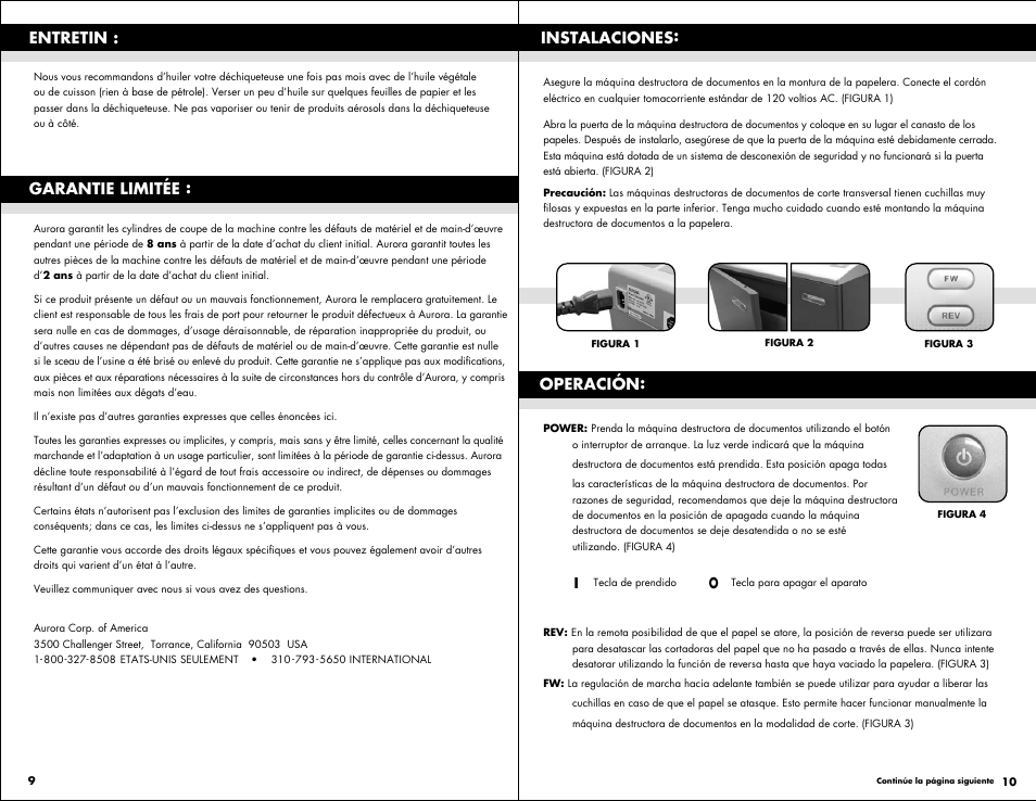 Garantie limitée, Entretin, Instalaciones: operación | Aurora AS1540CD User Manual | Page 6 / 8
