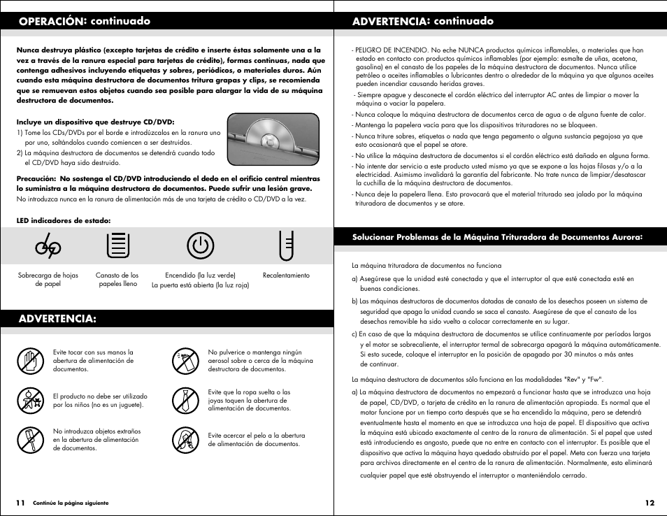 Operación: continuado, Advertencia: continuado advertencia | Aurora AS1540CD User Manual | Page 7 / 8