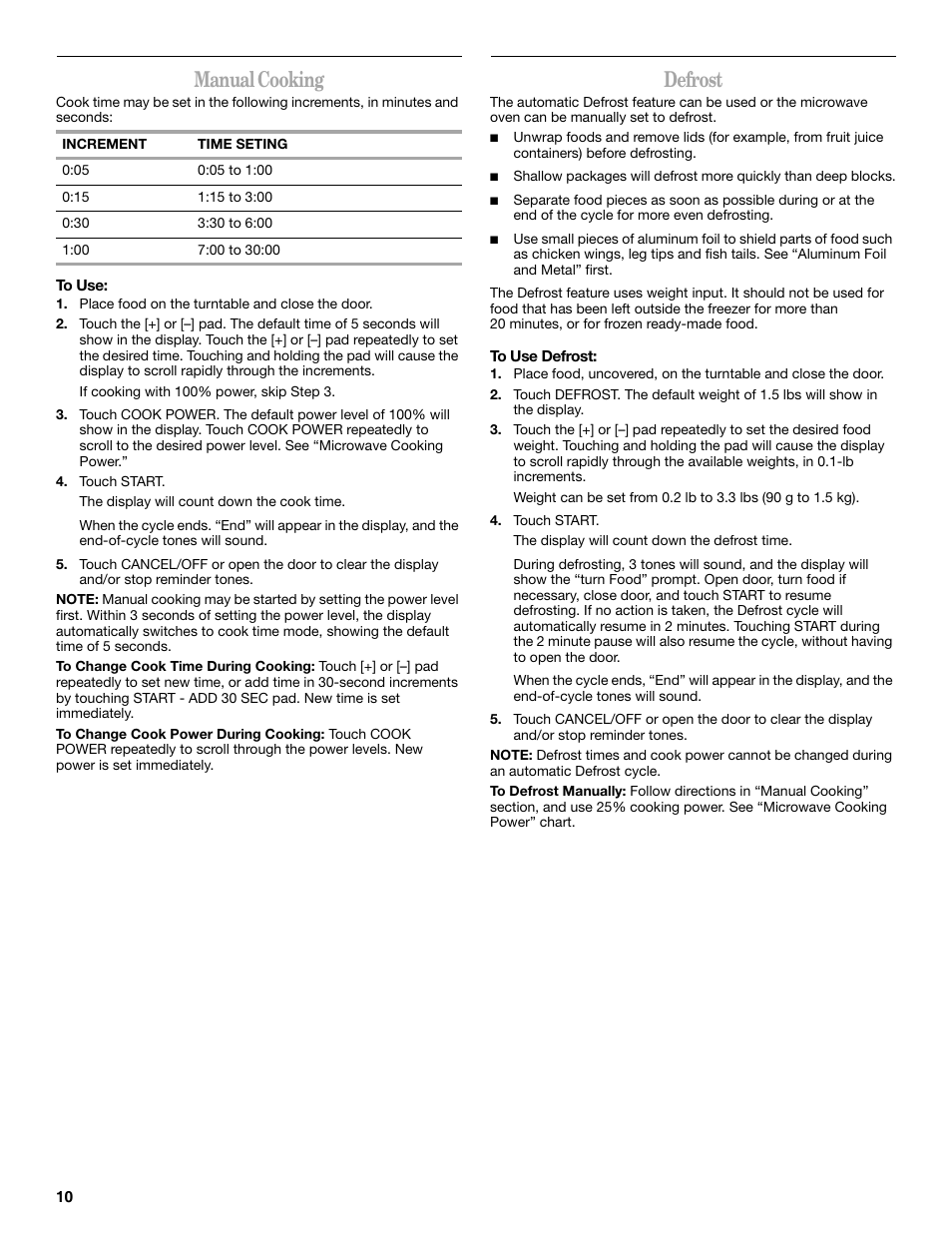 Manual cooking, Defrost | Whirlpool WMC20005YD User Manual | Page 10 / 16
