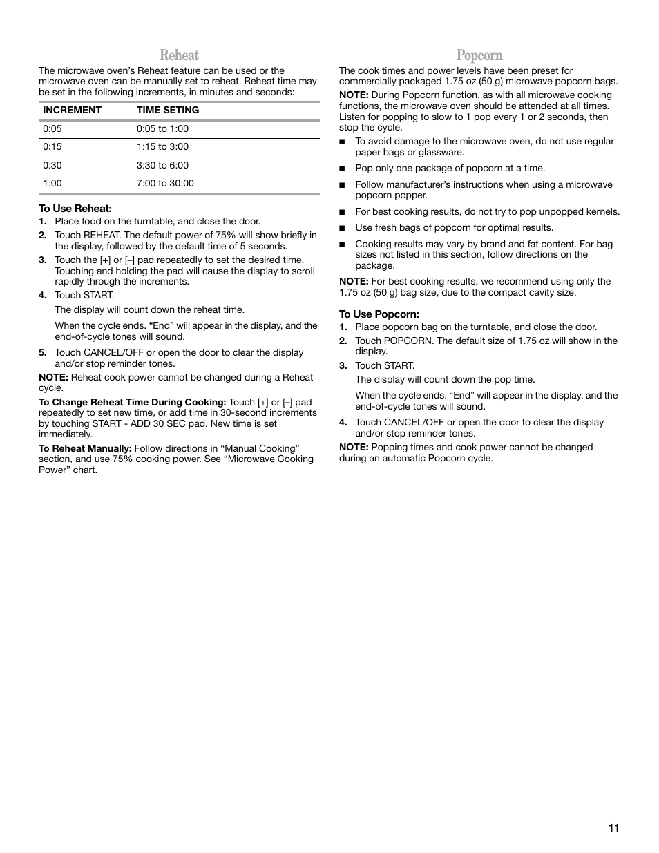 Reheat, Popcorn | Whirlpool WMC20005YD User Manual | Page 11 / 16