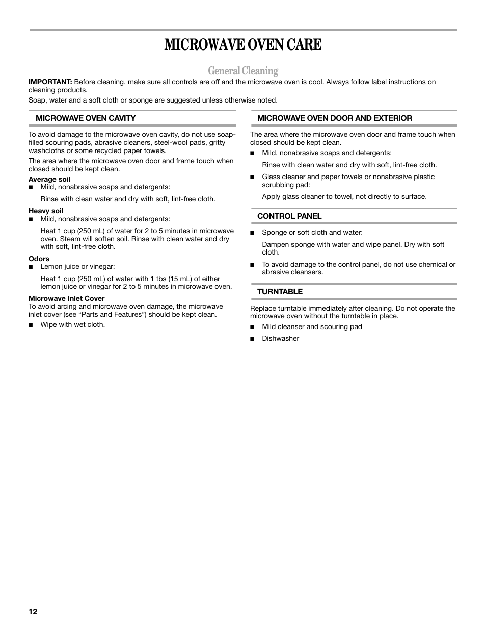 Microwave oven care, General cleaning | Whirlpool WMC20005YD User Manual | Page 12 / 16