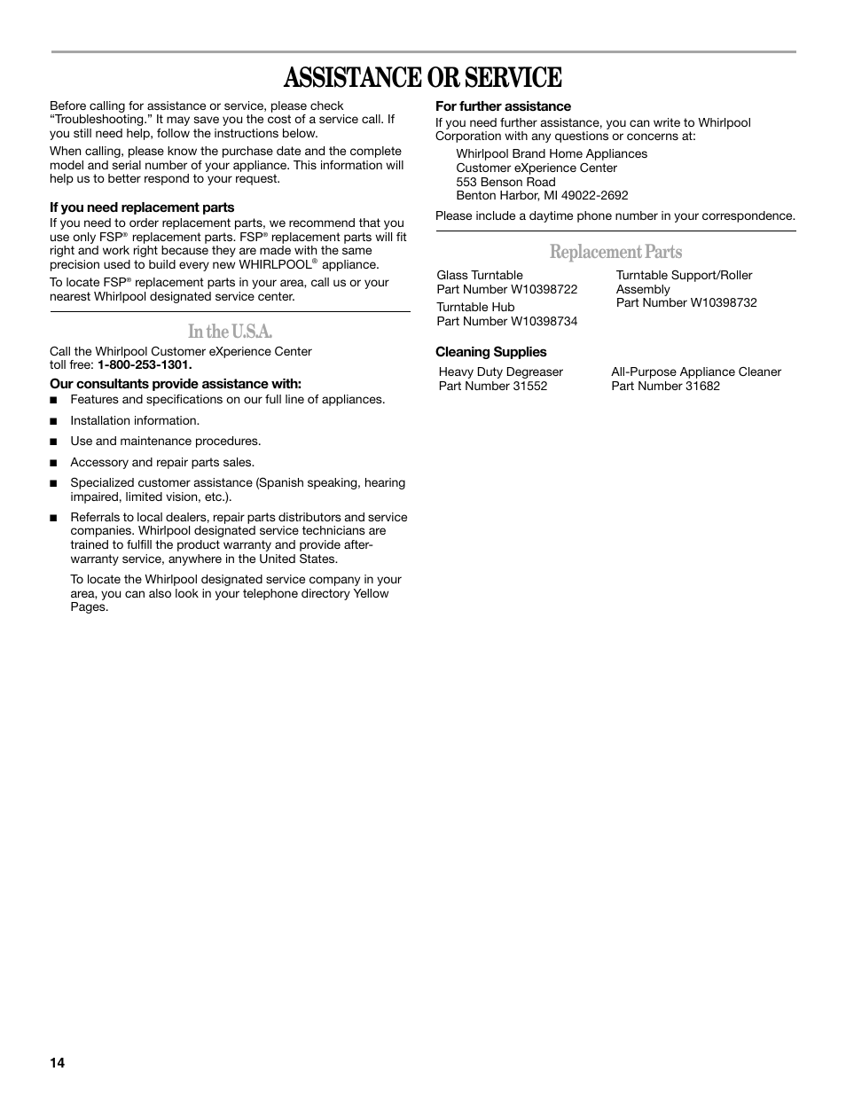 Assistance or service, Replacement parts | Whirlpool WMC20005YD User Manual | Page 14 / 16