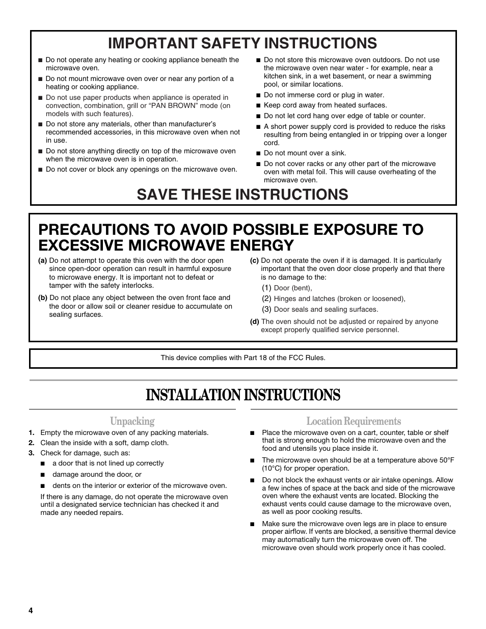 Installation instructions, Unpacking, Location requirements | Whirlpool WMC20005YD User Manual | Page 4 / 16