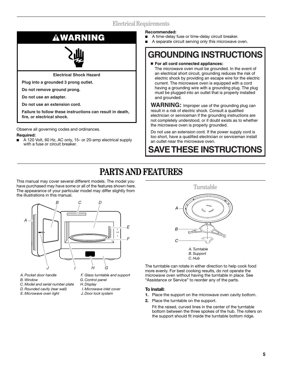 Parts and features, Grounding instructions save these instructions, Warning | Electrical requirements, Turntable | Whirlpool WMC20005YD User Manual | Page 5 / 16