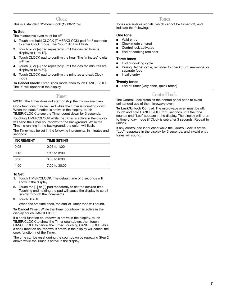 Clock, Timer, Tones | Control lock | Whirlpool WMC20005YD User Manual | Page 7 / 16