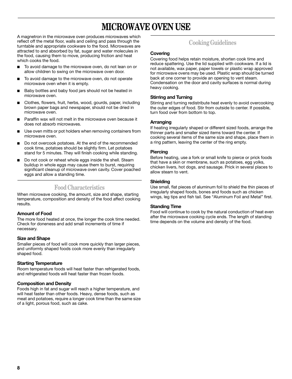 Microwave oven use, Food characteristics, Cooking guidelines | Whirlpool WMC20005YD User Manual | Page 8 / 16