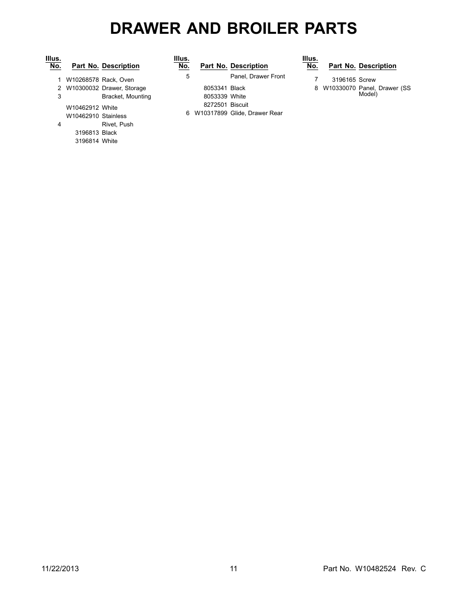 Drawer and broiler parts | Whirlpool WFC310S0AS User Manual | Page 11 / 12