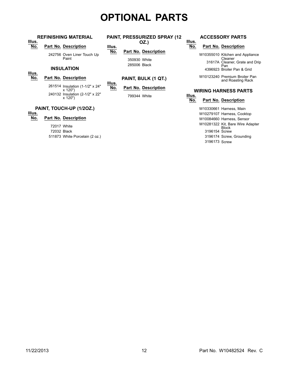 Optional, Optional parts | Whirlpool WFC310S0AS User Manual | Page 12 / 12