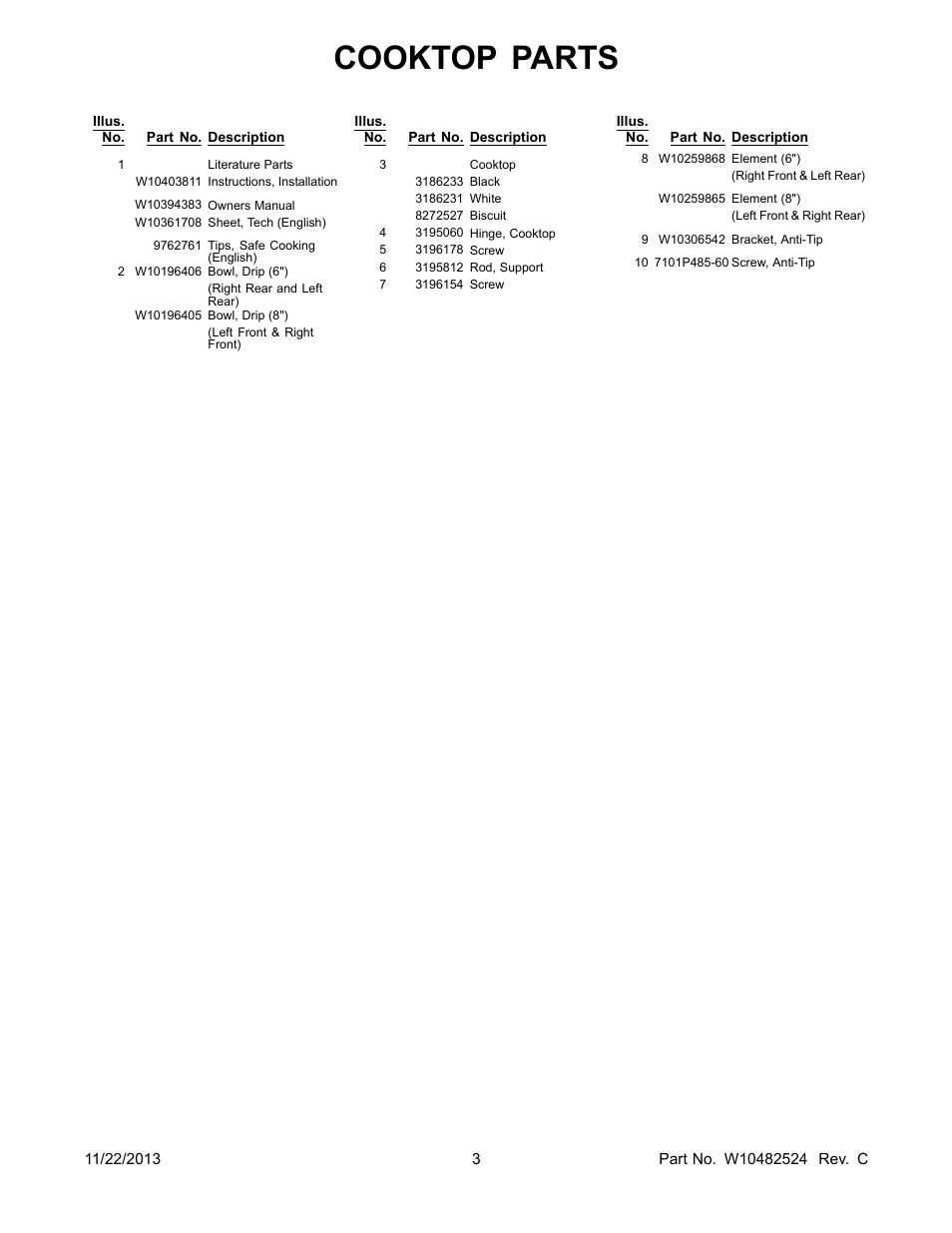 Literature, Cooktop parts | Whirlpool WFC310S0AS User Manual | Page 3 / 12