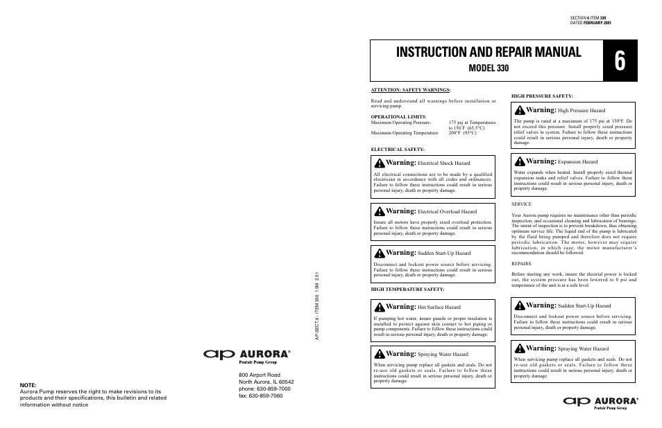 Aurora of America 330 User Manual | 4 pages