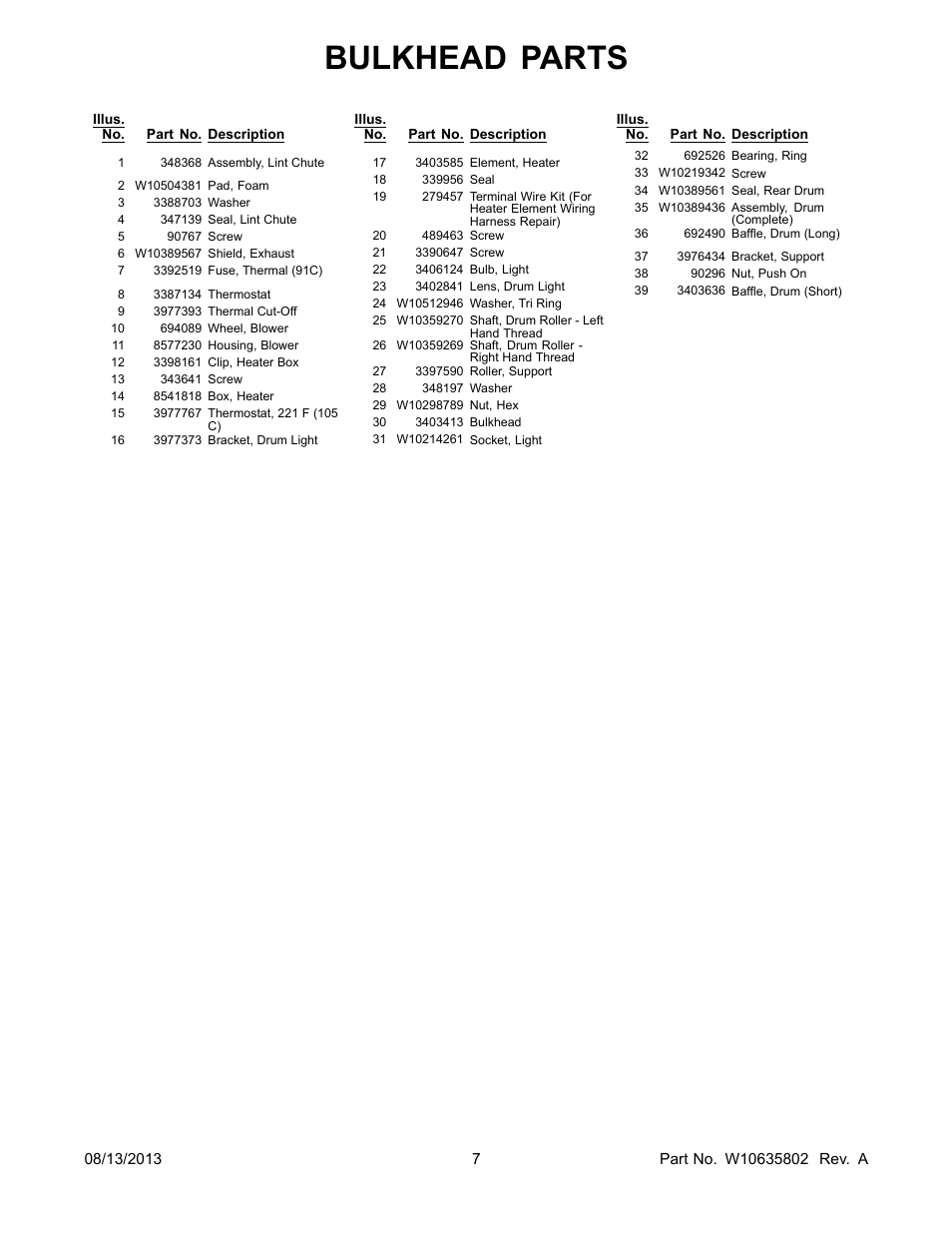 Bulkhead parts | Whirlpool WED4800BQ User Manual | Page 7 / 8