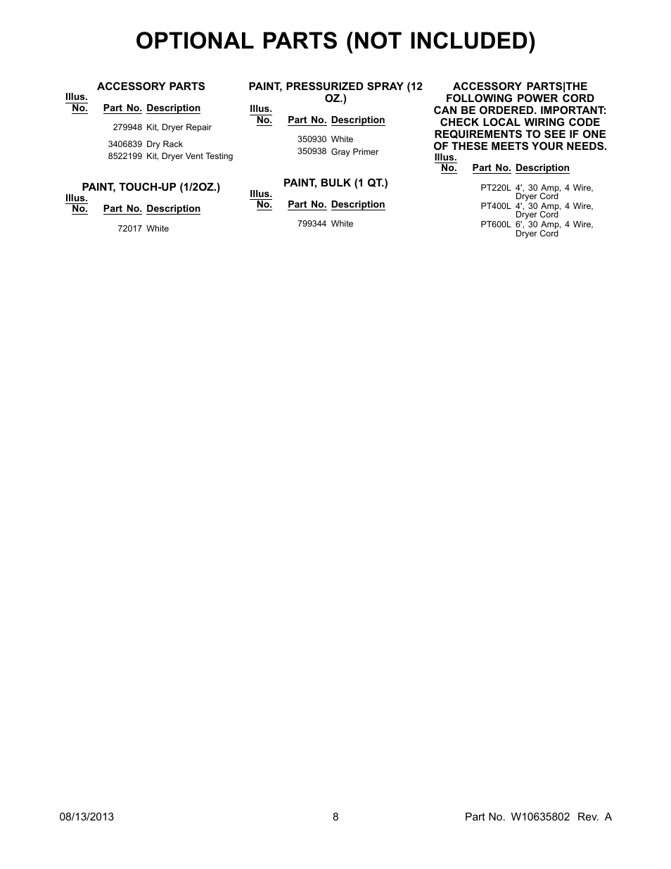 Optional, Optional parts (not included) | Whirlpool WED4800BQ User Manual | Page 8 / 8