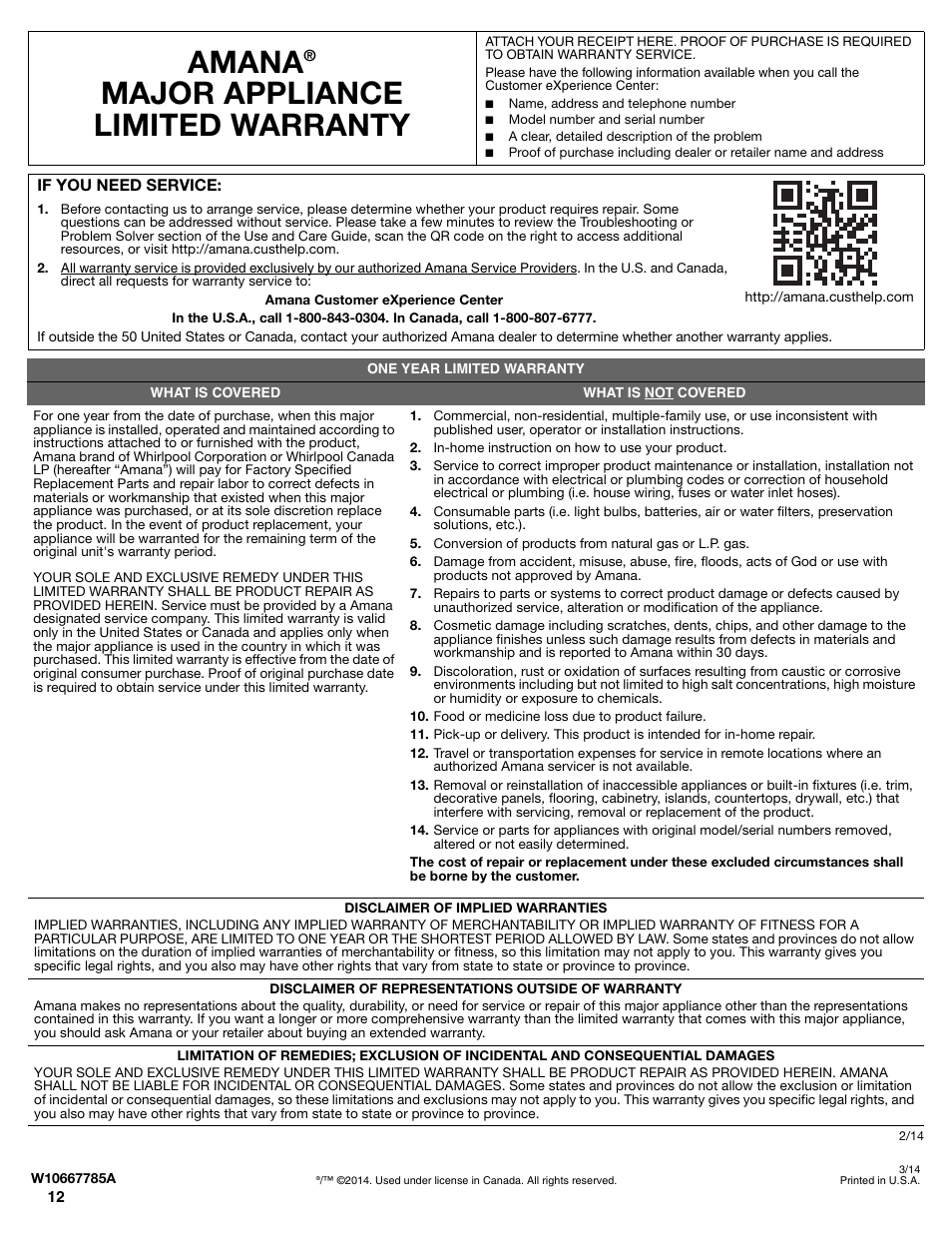 Amana, Major appliance limited warranty | Whirlpool WDP350PAAB User Manual | Page 12 / 36