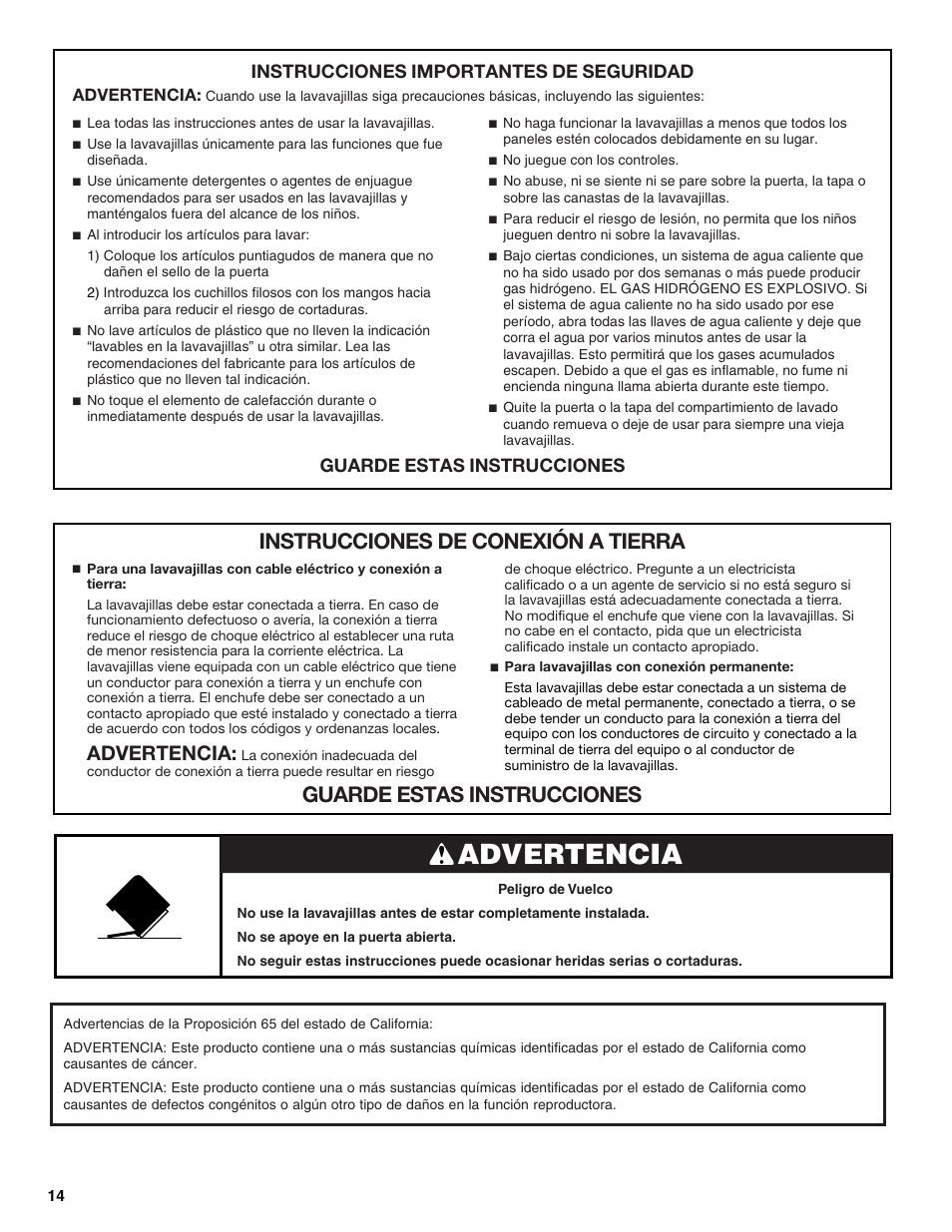 Advertencia, Instrucciones importantes de seguridad, Guarde estas instrucciones | Whirlpool WDP350PAAB User Manual | Page 14 / 36
