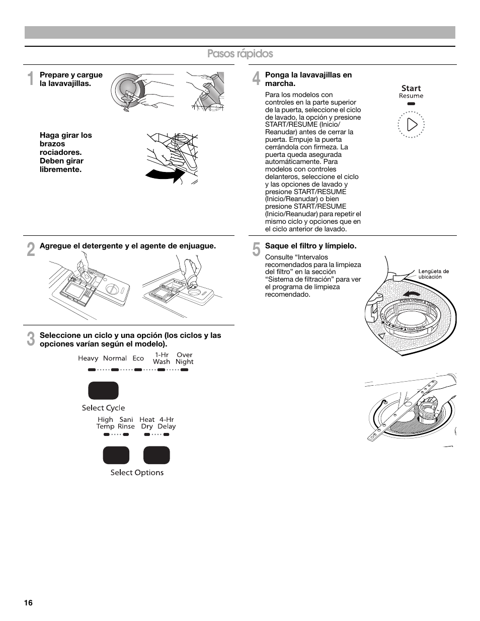 Pasos rápidos | Whirlpool WDP350PAAB User Manual | Page 16 / 36