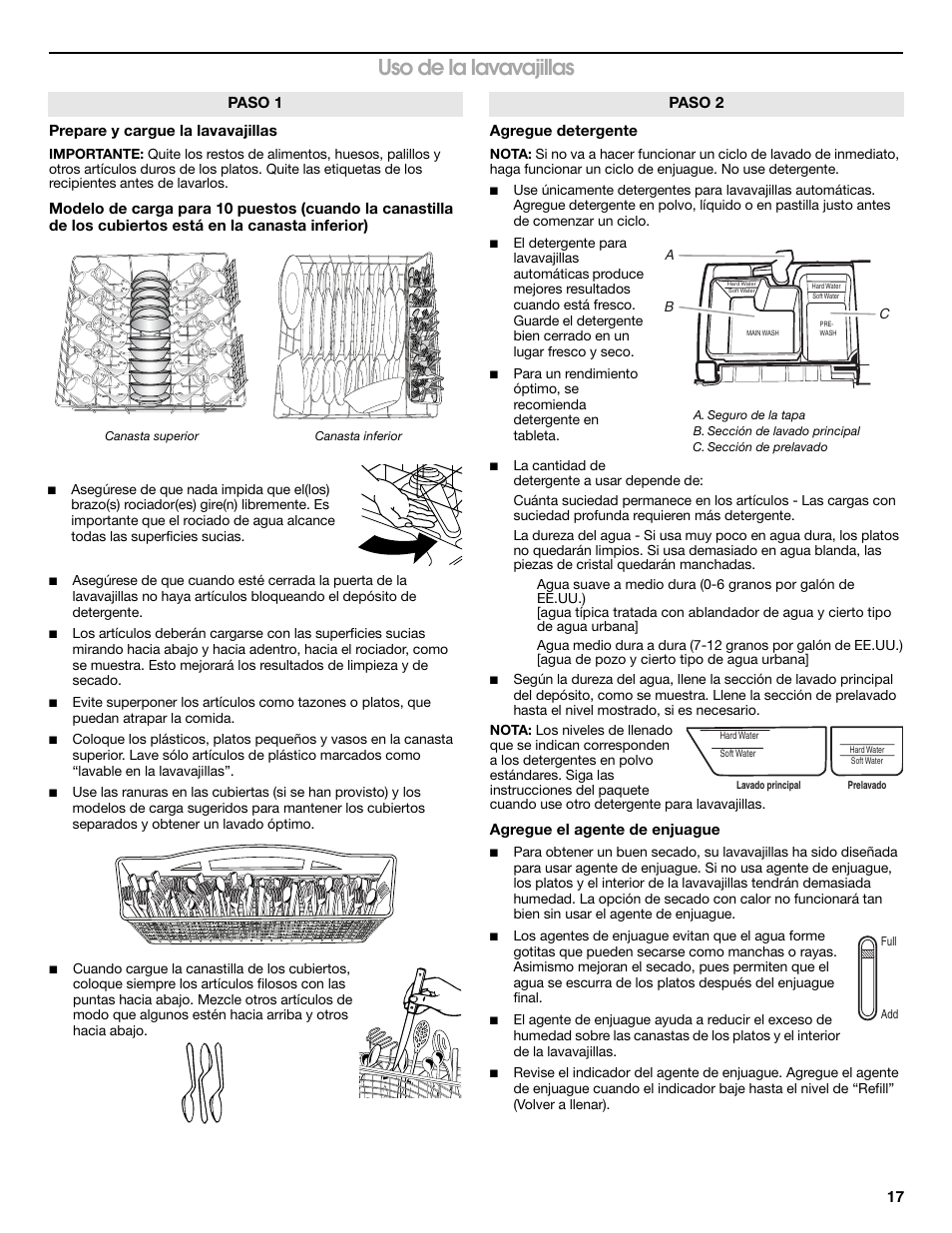 Uso de la lavavajillas | Whirlpool WDP350PAAB User Manual | Page 17 / 36