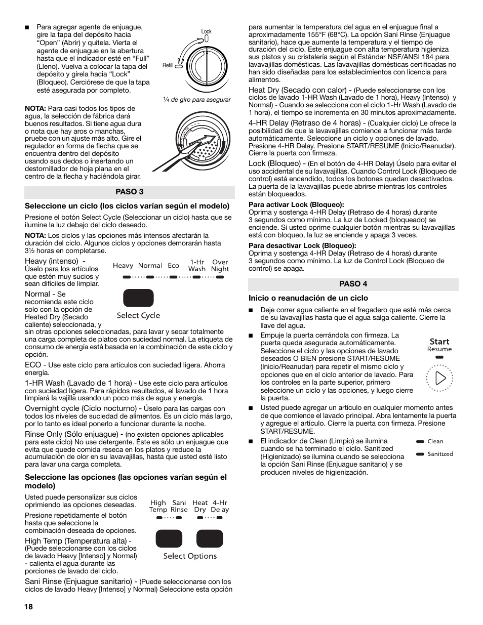 Heavy (intenso), Normal, Hr wash (lavado de 1 hora) | Overnight cycle (ciclo nocturno), Rinse only (sólo enjuague), High temp (temperatura alta), Sani rinse (enjuague sanitario), Heat dry (secado con calor), Hr delay (retraso de 4 horas), Lock (bloqueo) | Whirlpool WDP350PAAB User Manual | Page 18 / 36