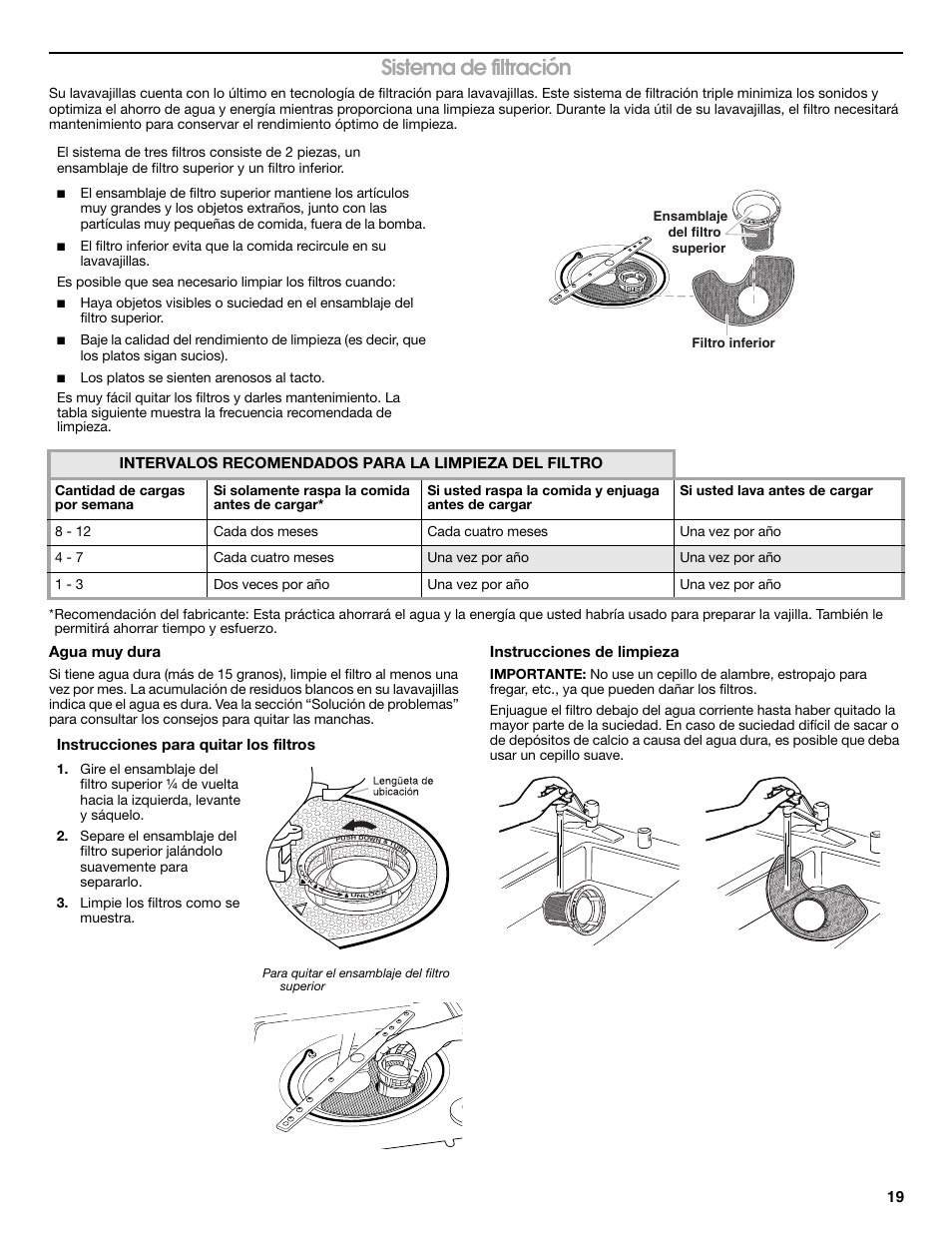 Sistema de filtración, Agua muy dura, Instrucciones de limpieza | Instrucciones para quitar los filtros, Filtro inferior ensamblaje del filtro superior | Whirlpool WDP350PAAB User Manual | Page 19 / 36