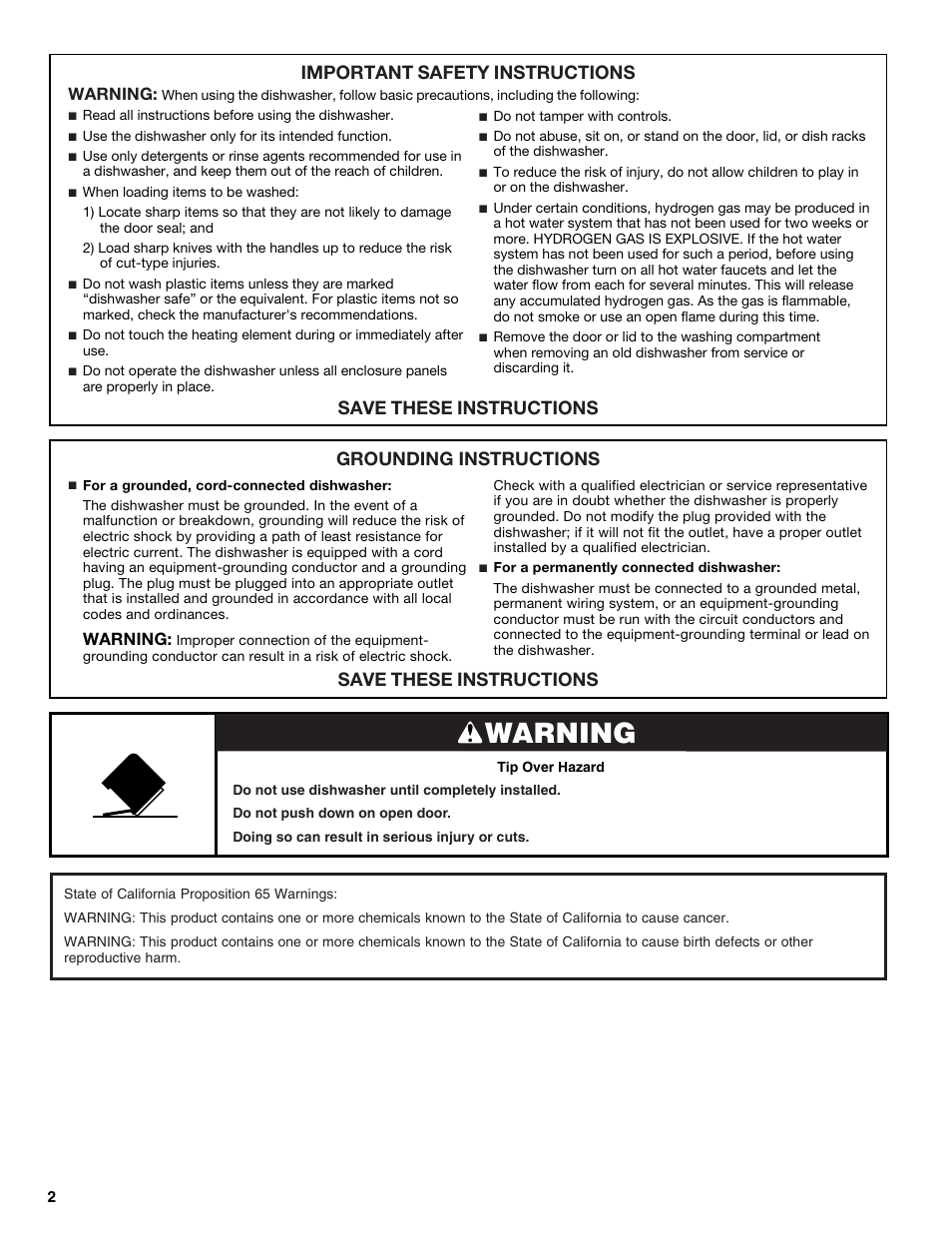 Warning, Important safety instructions, Save these instructions | Grounding instructions save these instructions | Whirlpool WDP350PAAB User Manual | Page 2 / 36