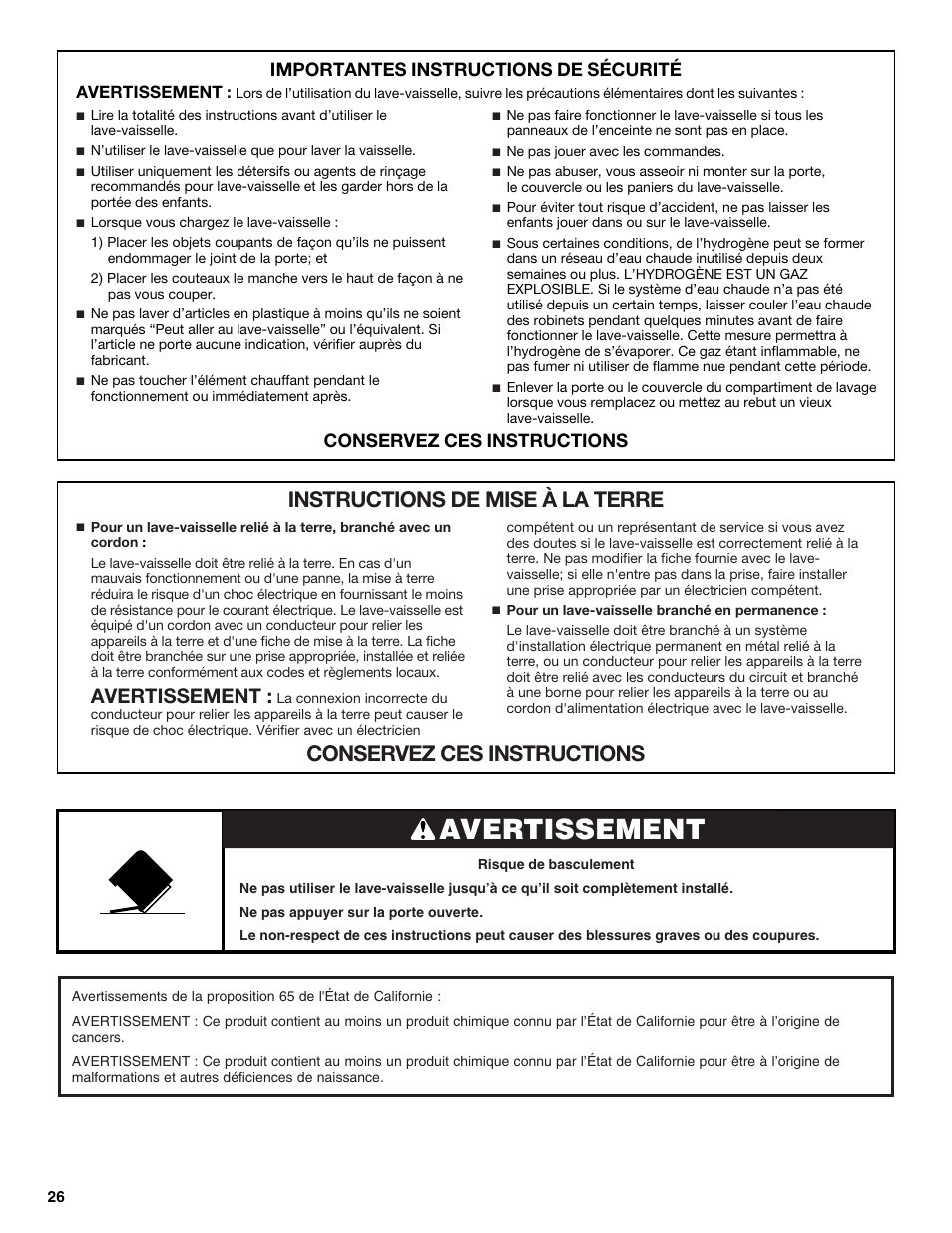 Avertissement, Importantes instructions de sécurité, Conservez ces instructions | Whirlpool WDP350PAAB User Manual | Page 26 / 36