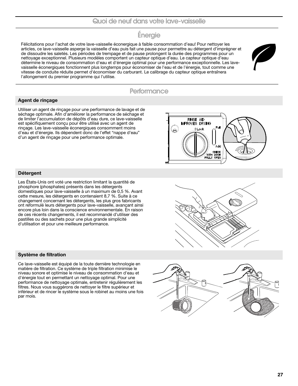 Agent de rinçage, Détergent, Système de filtration | Whirlpool WDP350PAAB User Manual | Page 27 / 36