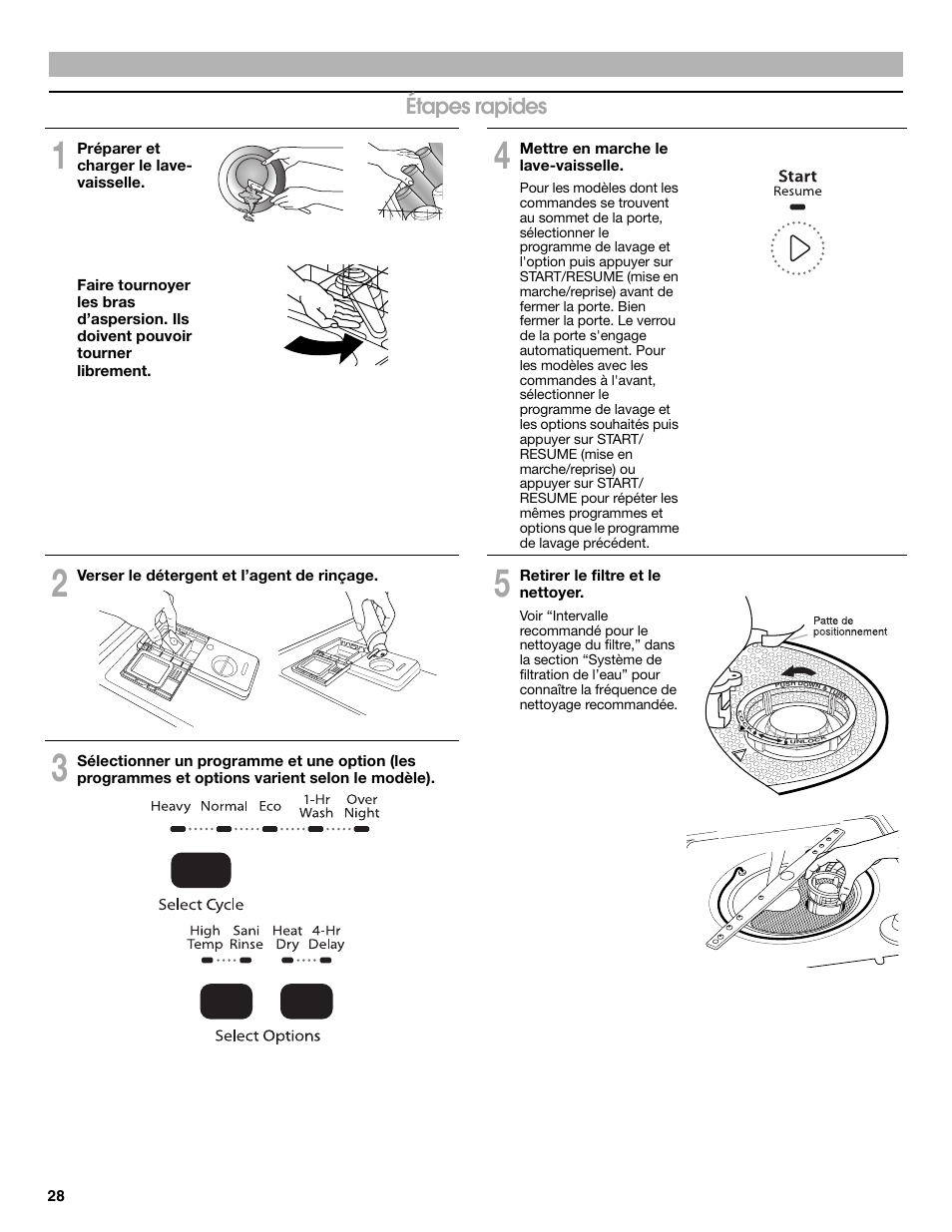 Étapes rapides | Whirlpool WDP350PAAB User Manual | Page 28 / 36