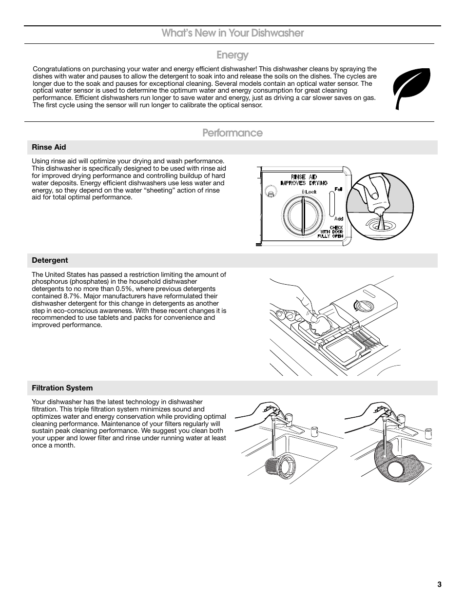 What’s new in your dishwasher energy performance, Rinse aid, Detergent | Filtration system | Whirlpool WDP350PAAB User Manual | Page 3 / 36